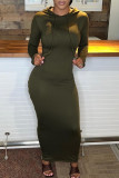 Army Green Fashion Casual Solid Patchwork Slit Hooded Collar Long Sleeve Dresses
