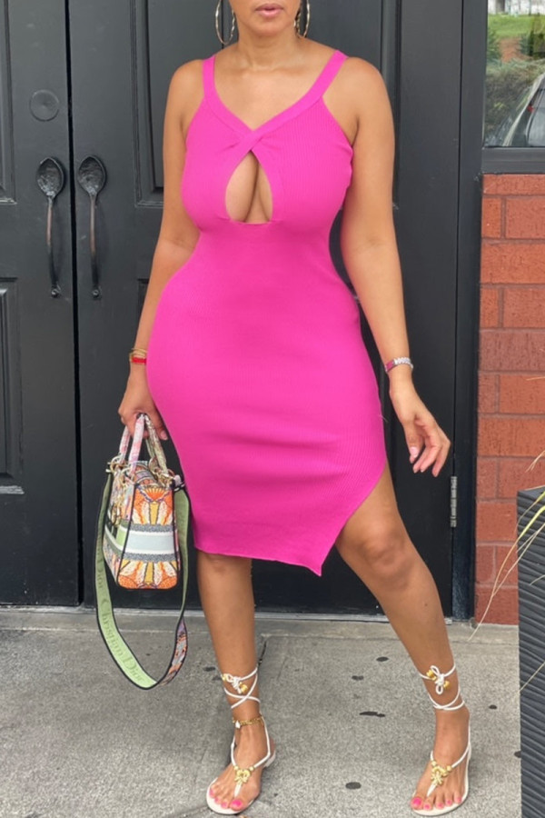 Rose Red Sexy Casual Solid Hollowed Out Slit V Neck Vest Dress