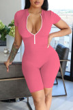 Pink Casual Solid Patchwork Zipper Collar Skinny Rompers