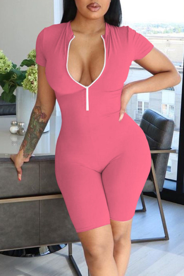 Pink Casual Solid Patchwork Zipper Collar Skinny Rompers