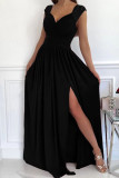 Red Casual Solid Patchwork Slit V Neck Dresses