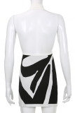 Black White Sexy Print Patchwork Halter Pencil Skirt Dresses