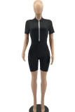 Pink Casual Solid Patchwork Zipper Collar Skinny Rompers