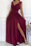 Red Casual Solid Patchwork Slit V Neck Dresses