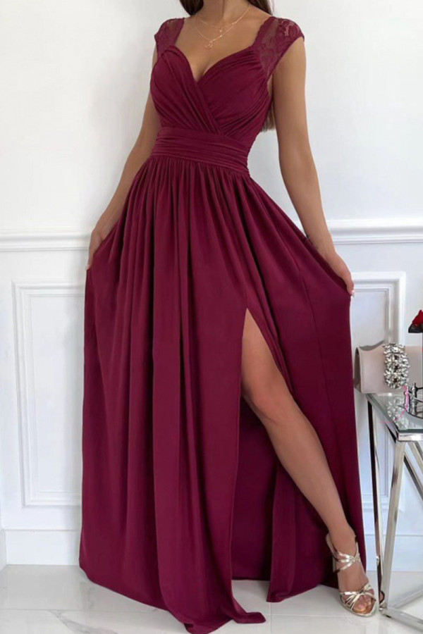 Burgundy Casual Solid Patchwork Slit V Neck Dresses