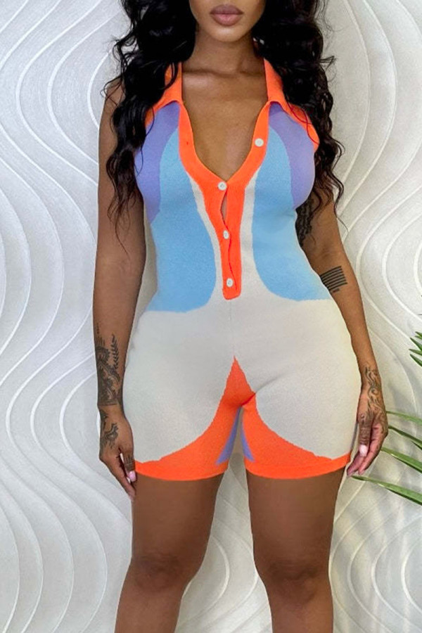 Colour Casual Print Patchwork Buckle Turndown Collar Regular Rompers