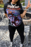 Black Fashion Casual Print Patchwork O Neck Short Sleeve Two Pieces