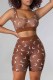 Coffee Fashion Sexy Print Patchwork See-through U Neck Sleeveless Two Pieces