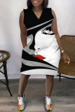 White Fashion Casual Print Patchwork V Neck Sleeveless Plus Size Dress