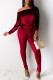 Burgundy Sexy Fashion bandage Patchwork Solid Long Sleeve one word collar