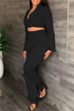 Blue Fashion Casual Solid Patchwork V Neck Long Sleeve Two Pieces