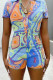 Colour Fashion Print Patchwork Buckle Turndown Collar Skinny Rompers