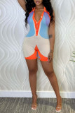Colour Casual Print Patchwork Buckle Turndown Collar Regular Rompers
