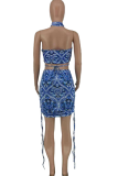 Blue Sexy Print Patchwork Halter Sleeveless Two Pieces