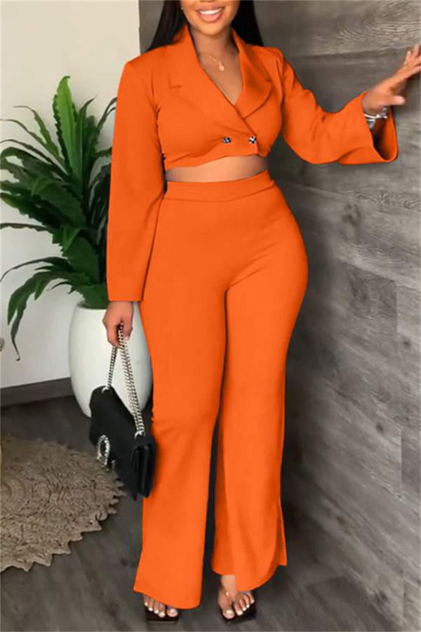 Orange Fashion Casual Solid Patchwork V Neck Long Sleeve Two Pieces