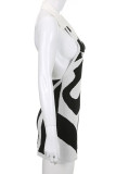 Black White Sexy Print Patchwork Halter Pencil Skirt Dresses
