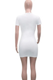 Powder White Casual Print Patchwork O Neck T-shirt Dress Dresses