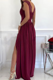 Red Casual Solid Patchwork Slit V Neck Dresses