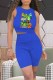 Blue Fashion Casual Floral Patchwork Letter O Neck Sleeveless Two Pieces