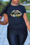 Black Casual Street Lips Printed Patchwork O Neck T-Shirts