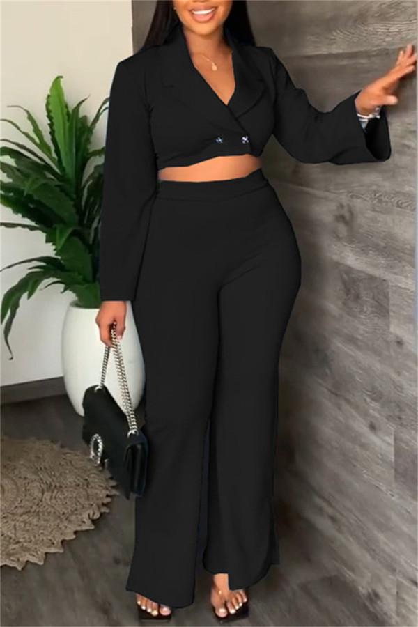 Black Fashion Casual Solid Patchwork V Neck Long Sleeve Two Pieces