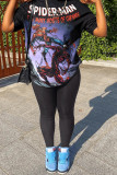 Black Fashion Casual Print Patchwork O Neck Short Sleeve Two Pieces