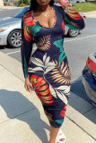 Multicolor Fashion Casual Print Patchwork U Neck Long Sleeve Dresses