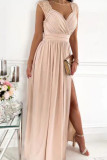 Red Casual Solid Patchwork Slit V Neck Dresses