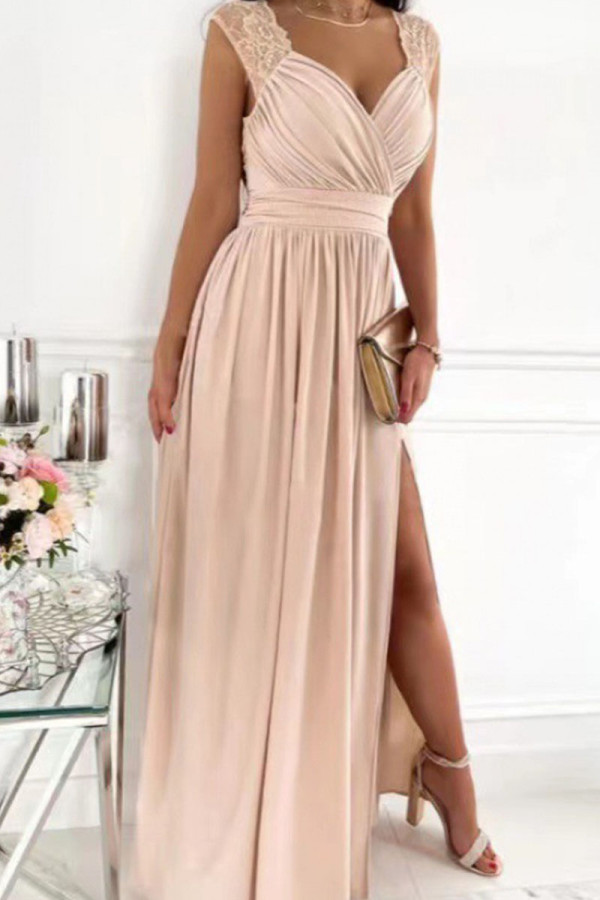 Beige Casual Solid Patchwork Slit V Neck Dresses