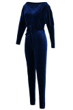Royal blue Sexy Fashion bandage Patchwork Solid Long Sleeve one word collar