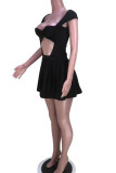 Black Sexy Solid Hollowed Out Patchwork Fold Asymmetrical Collar Dresses