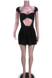 Black Sexy Solid Hollowed Out Patchwork Fold Asymmetrical Collar Dresses