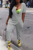 Grey Casual Solid Patchwork Asymmetrical V Neck Loose Jumpsuits