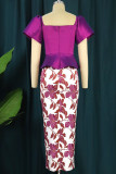 Purple Elegant Print Patchwork Flounce Asymmetrical Square Collar Short Sleeve Two Pieces