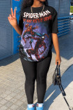 Black Fashion Casual Print Patchwork O Neck Short Sleeve Two Pieces
