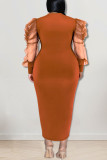Orange Red Casual Solid Patchwork O Neck Straight Plus Size Dresses