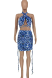 Blue Sexy Print Patchwork Halter Sleeveless Two Pieces