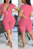 Pink Casual Solid Patchwork Zipper Collar Skinny Rompers