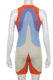 Colour Casual Print Patchwork Buckle Turndown Collar Regular Rompers