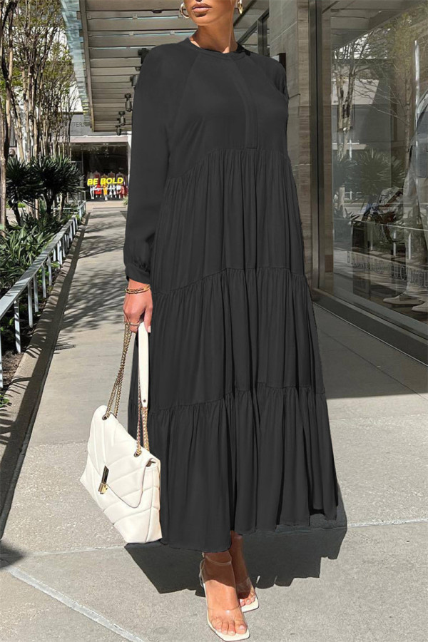 Black Fashion Casual Solid Patchwork O Neck Long Sleeve Dresses
