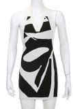 Black White Sexy Print Patchwork Halter Pencil Skirt Dresses