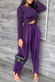 Purple Fashion Casual Solid Tassel Patchwork O Neck Long Sleeve Two Pieces