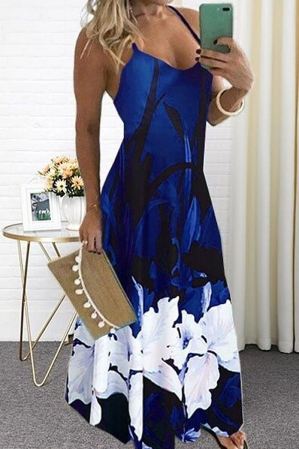 Deep Blue Casual Print Patchwork Spaghetti Strap Sling Dress Dresses