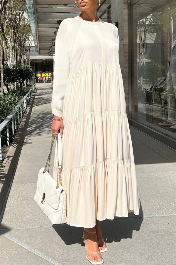 Apricot Fashion Casual Solid Patchwork O Neck Long Sleeve Dresses