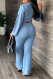 Blue Fashion Casual Solid Patchwork V Neck Long Sleeve Two Pieces