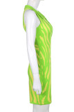 Green Sexy Print Patchwork Turndown Collar Pencil Skirt Dresses
