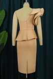 Khaki Elegant Solid Patchwork Flounce Fold Asymmetrical Collar Evening Dress Dresses