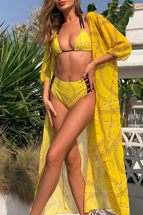 Yellow Sexy Print Bandage Patchwork 3 Piece Sets
