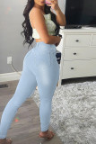 Light Blue Fashion Casual Solid Hollowed Out High Waist Skinny Denim Jeans