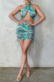 Blue Sexy Print Patchwork Halter Sleeveless Two Pieces